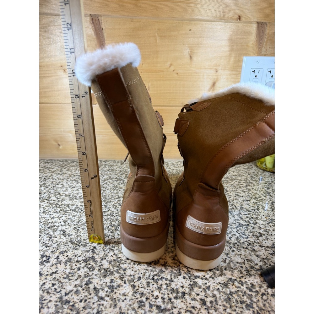 Dream Pairs Womens Mid Calf Snow Boots Tan Brown Faux Fur Trim Lace Up Boots - Picture 12 of 13